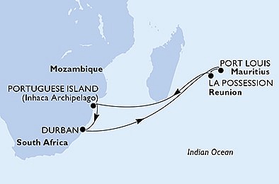 Juhoafrická republika, Maurícius, Reunion, Mozambik z Durbanu na lodi MSC Splendida