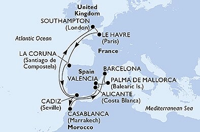 Veľká Británia, Francúzsko, Španielsko, Maroko zo Southamptonu na lodi MSC Virtuosa, plavba s bonusom