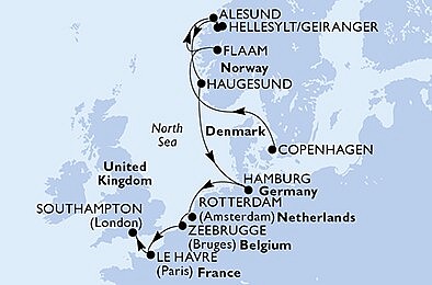 Dánsko, Nórsko, Nemecko, Holandsko, Belgicko, Francúzsko, Veľká Británia z Kodaně na lodi MSC Euribia