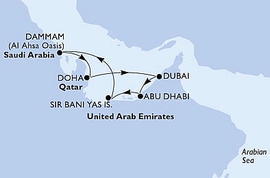 Spojené arabské emiráty, Saúdská Arábie, Katar z Dubaja na lodi MSC World Europa