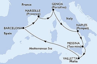 Španielsko, Francúzsko, Taliansko, Malta z Barcelony na lodi MSC World Europa
