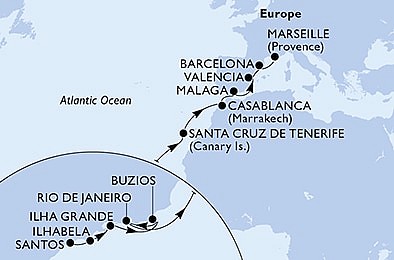 Brazília, Španielsko, Maroko, Francúzsko zo Santosu na lodi MSC Grandiosa
