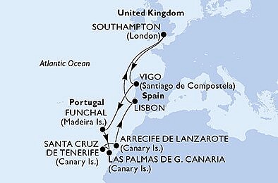 Veľká Británia, Španielsko, Portugalsko zo Southamptonu na lodi MSC Virtuosa