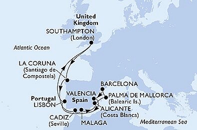 Veľká Británia, Španielsko, Portugalsko zo Southamptonu na lodi MSC Virtuosa