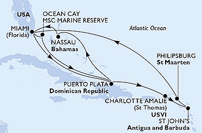 USA, Bahamy, Dominikánska republika, Antigua a Barbuda, Svatý Martin z Miami na lodi MSC Seashore, plavba s bonusom