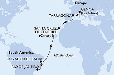 Taliansko, Tarragona, Španielsko, Brazília z Janova na lodi MSC Divina