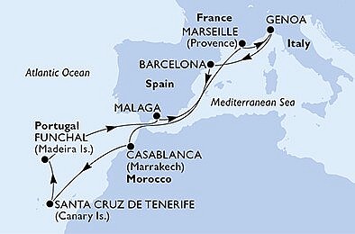 Španielsko, Maroko, Portugalsko, Francúzsko, Taliansko z Barcelony na lodi MSC Poesia
