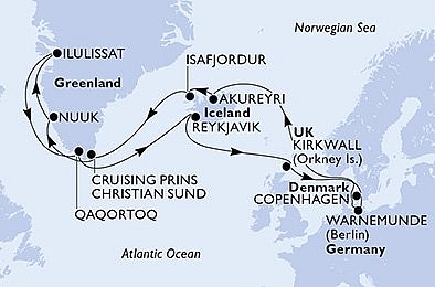 Nemecko, Island, Autonomní oblast Dánska, Veľká Británia, Dánsko z Warnemünde na lodi MSC Poesia