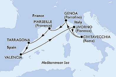 Francúzsko, Španielsko, Taliansko z Marseille na lodi MSC Fantasia
