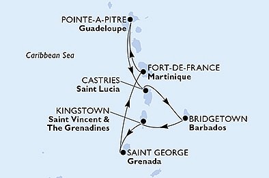 Martinik, Guadeloupe, Svätá Lucia, Barbados, Svätý Vincent a Grenadiny, Grenada z Fort de France, Martinik na lodi MSC Virtuosa