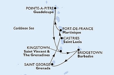 Martinik, Guadeloupe, Svätý Vincent a Grenadiny, Barbados, Grenada, Svätá Lucia z Fort de France, Martinik na lodi MSC Virtuosa
