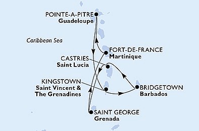 Martinik, Guadeloupe, Svätý Vincent a Grenadiny, Barbados, Svätá Lucia, Grenada z Fort de France, Martinik na lodi MSC Virtuosa