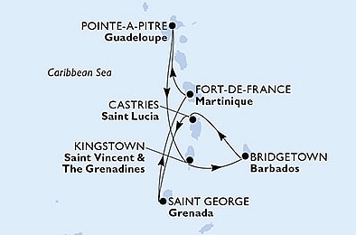 Guadeloupe, Svätý Vincent a Grenadiny, Barbados, Svätá Lucia, Grenada, Martinik z Pointe-?-Pitre na lodi MSC Virtuosa