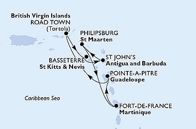Guadeloupe, Britské Panenské ostrovy, Svätý Krištof a Nevis, Antigua a Barbuda, Svatý Martin, Martinik z Pointe-?-Pitre na lodi MSC Virtuosa