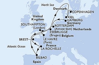 Nemecko, Holandsko, Francúzsko, Španielsko, Veľká Británia, Belgicko, Dánsko z Hamburgu na lodi MSC Euribia, plavba s bonusom