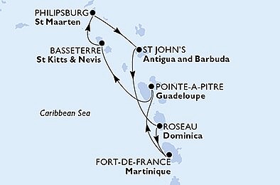 Martinik, Guadeloupe, Svätý Krištof a Nevis, Svatý Martin, Dominika z Fort de France, Martinik na lodi MSC Seaside, plavba s bonusom