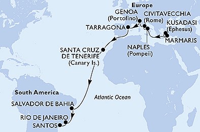 Turecko, Taliansko, Tarragona, Španielsko, Brazília z Kusadasi na lodi MSC Divina, plavba s bonusom