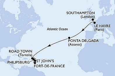 Veľká Británia, Francúzsko, Portugalsko, Britské Panenské ostrovy, Svatý Martin, Antigua a Barbuda, Martinik zo Southamptonu na lodi MSC Virtuosa