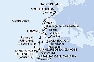 Veľká Británia, Portugalsko, Španielsko, Maroko zo Southamptonu na lodi MSC Virtuosa, plavba s bonusom