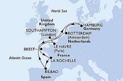 Francúzsko, Veľká Británia, Nemecko, Holandsko, Španielsko z Le Havre na lodi MSC Euribia