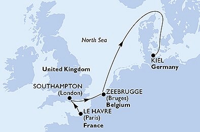 Francúzsko, Veľká Británia, Belgicko, Nemecko z Le Havre na lodi MSC Euribia
