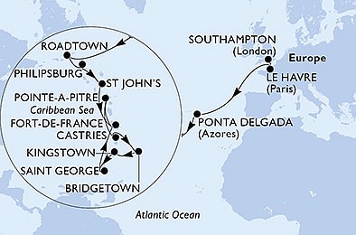Veľká Británia, Francúzsko, Portugalsko, Britské Panenské ostrovy, ... zo Southamptonu na lodi MSC Virtuosa