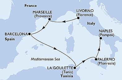 Taliansko, Francúzsko, Španielsko, Tunisko z Livorna na lodi MSC Grandiosa