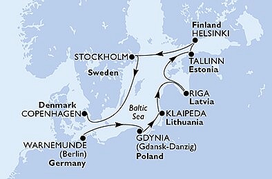 Nemecko, Poľsko, Litva, Lotyšsko, Estónsko, Fínsko, Švédsko, Dánsko z Warnemünde na lodi MSC Poesia