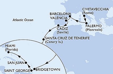 Taliansko, Španielsko, Barbados, Grenada, USA z Civitavechie na lodi MSC Seaside