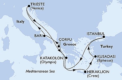Taliansko, Grécko, Turecko z Bari na lodi MSC Splendida, plavba s bonusom