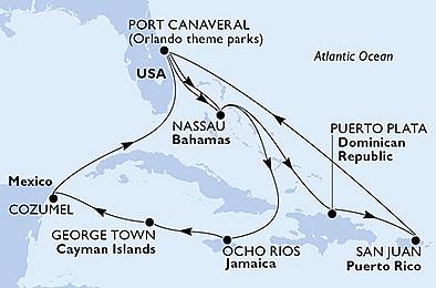 USA, Bahamy, Jamajka, Kajmanské ostrovy, Mexiko, Dominikánska republika z Port Canaveralu na lodi MSC Seashore, plavba s bonusom