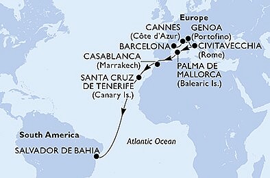 Španielsko, Francúzsko, Taliansko, Maroko, Brazília z Barcelony na lodi MSC Seaview