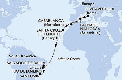 Taliansko, Španielsko, Maroko, Brazília z Civitavechie na lodi MSC Seaview