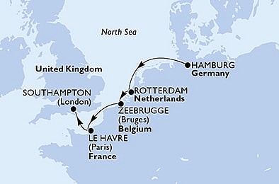 Nemecko, Holandsko, Belgicko, Francúzsko, Veľká Británia z Hamburgu na lodi MSC Preziosa