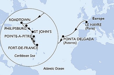 Francúzsko, Portugalsko, Britské Panenské ostrovy, Antigua a Barbuda, Martinik, Guadeloupe z Le Havre na lodi MSC Virtuosa