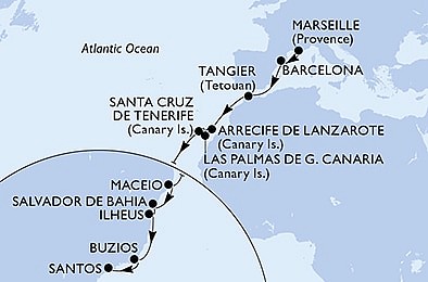 Francúzsko, Španielsko, Maroko, Brazília z Marseille na lodi MSC Orchestra, plavba s bonusom