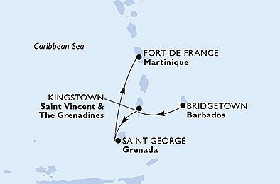 Barbados, Svätý Vincent a Grenadiny, Grenada, Martinik z Bridgetownu na lodi MSC Seaside