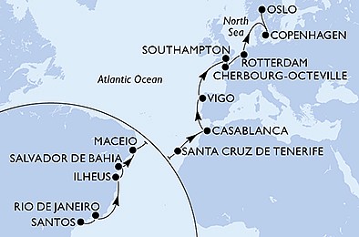 Brazília, Španielsko, Maroko, Veľká Británia, Francúzsko, Holandsko, Dánsko, Nórsko zo Santosu na lodi MSC Preziosa