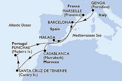 Taliansko, Španielsko, Maroko, Portugalsko, Francúzsko z Janova na lodi MSC Poesia