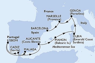 Španielsko, Portugalsko, Taliansko, Francúzsko z Málagy na lodi MSC Orchestra, plavba s bonusom
