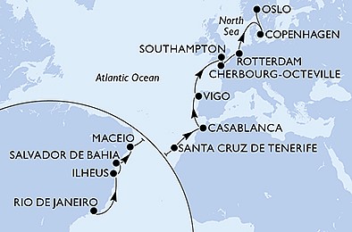 Brazília, Španielsko, Maroko, Veľká Británia, Francúzsko, Holandsko, Dánsko, Nórsko z Rio de Janeira na lodi MSC Preziosa