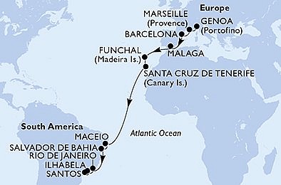 Taliansko, Francúzsko, Španielsko, Portugalsko, Brazília z Janova na lodi MSC Grandiosa