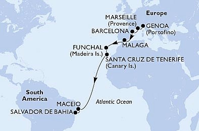 Taliansko, Francúzsko, Španielsko, Portugalsko, Brazília z Janova na lodi MSC Grandiosa, plavba s bonusom