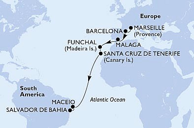 Francúzsko, Španielsko, Portugalsko, Brazília z Marseille na lodi MSC Grandiosa, plavba s bonusom