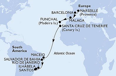 Francúzsko, Španielsko, Portugalsko, Brazília z Marseille na lodi MSC Grandiosa, plavba s bonusom