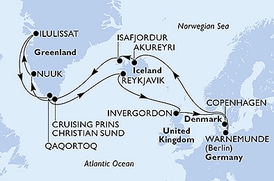 Dánsko, Nemecko, Island, Autonomní oblast Dánska, Veľká Británia z Kodaně na lodi MSC Poesia