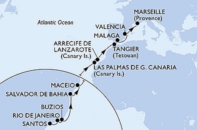 Brazília, Španielsko, Maroko, Francúzsko zo Santosu na lodi MSC Grandiosa, plavba s bonusom