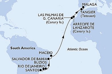 Brazília, Španielsko, Maroko zo Santosu na lodi MSC Grandiosa