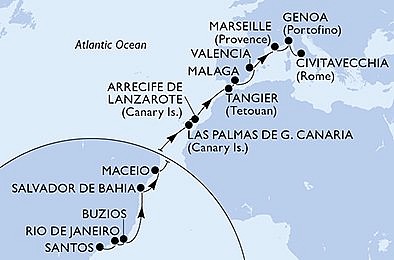 Brazília, Španielsko, Maroko, Francúzsko, Taliansko zo Santosu na lodi MSC Grandiosa, plavba s bonusom