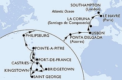 Martinik, Guadeloupe, Portugalsko, Španielsko, Francúzsko, Veľká Británia z Fort de France, Martinik na lodi MSC Virtuosa